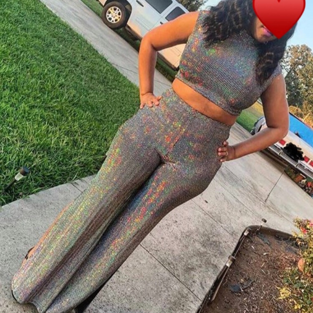 Black Sequin Shiny Pants Set. L-1X comfortably